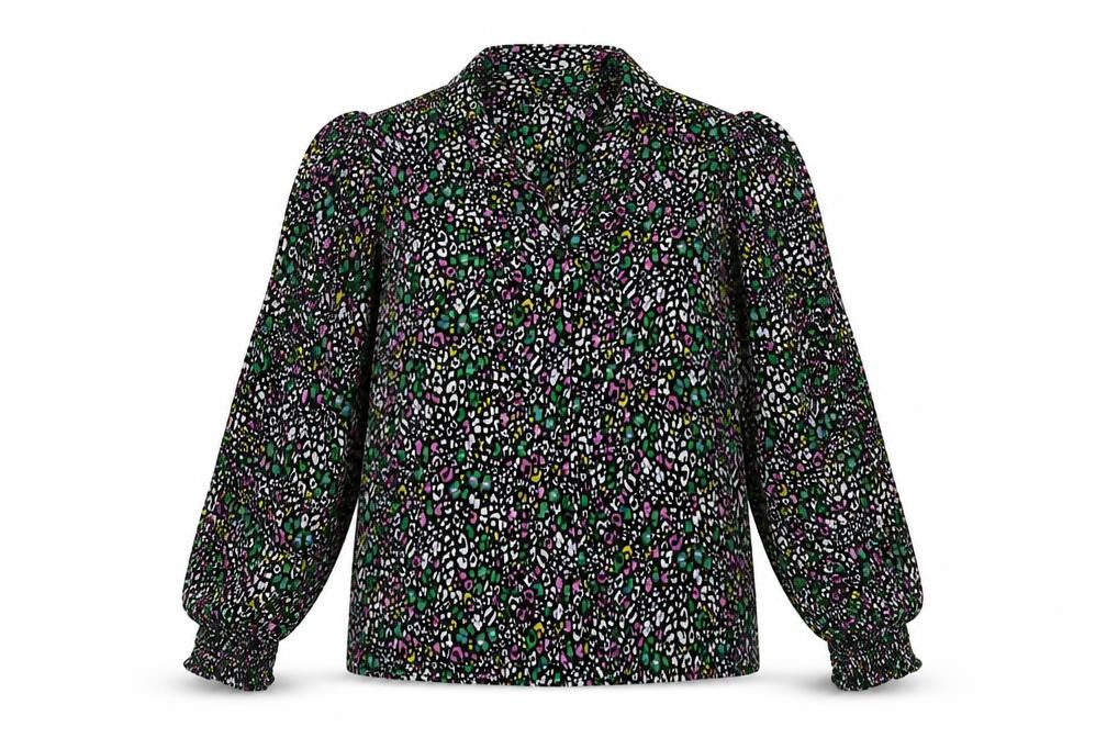 Front view of Topshop women’s multicoloured animal print polyester basic button-up, size UK 10, collared