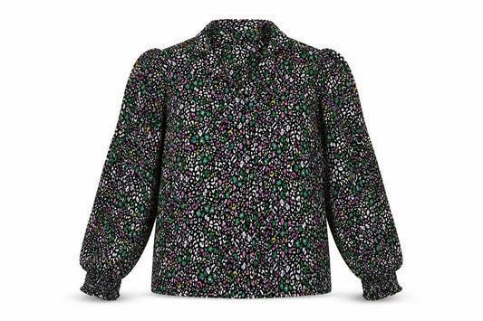 Front view of Topshop women’s multicoloured animal print polyester basic button-up, size UK 10, collared