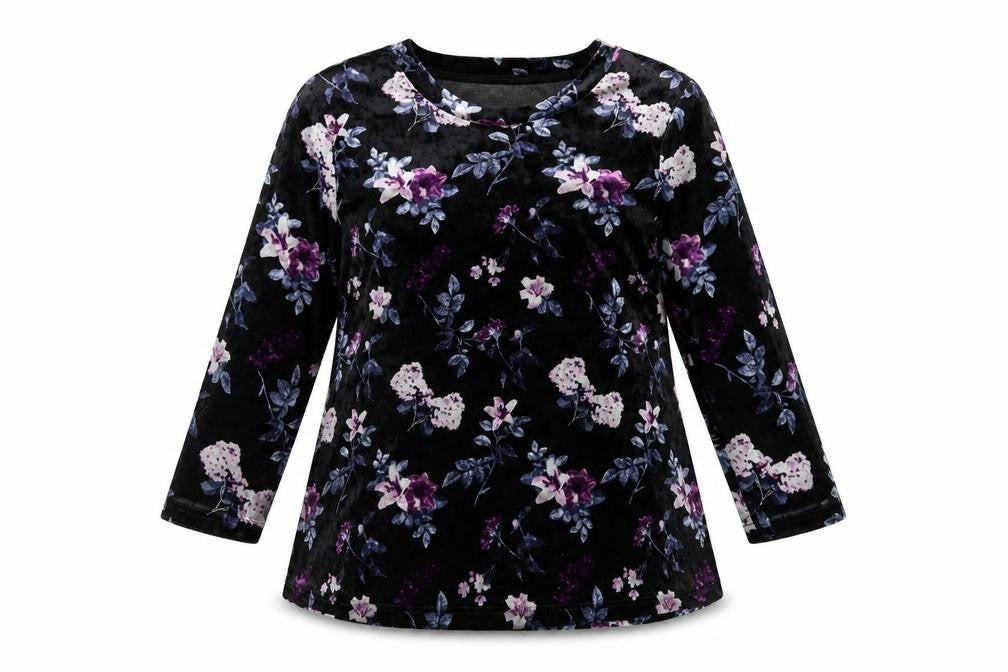 Front view of Anna Rose women’s black floral polyester basic blouse, size S, round neck