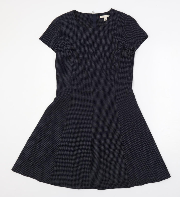 Esprit Womens Blue Polka Dot Polyester Fit & Flare Size 10 Round Neck Zip