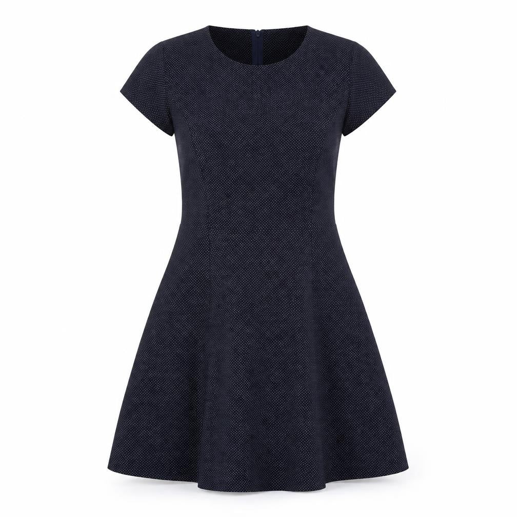 Front view of ESPRIT women’s blue polka dot polyester fit & flare, size UK 10, round neck zip