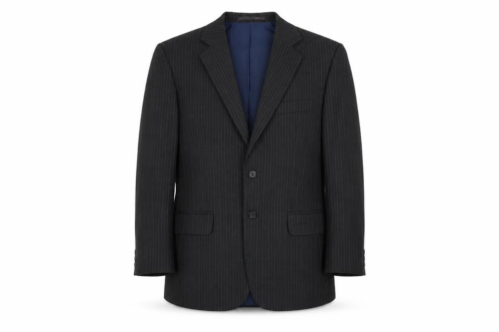 Front view of Executex men’s grey striped polyester jacket suit jacket, size 40, regular