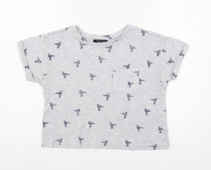 New Look Girls Grey Geometric Polyester Pullover T-Shirt Size 10-11 Years Crew Neck Pullover - Bird Print