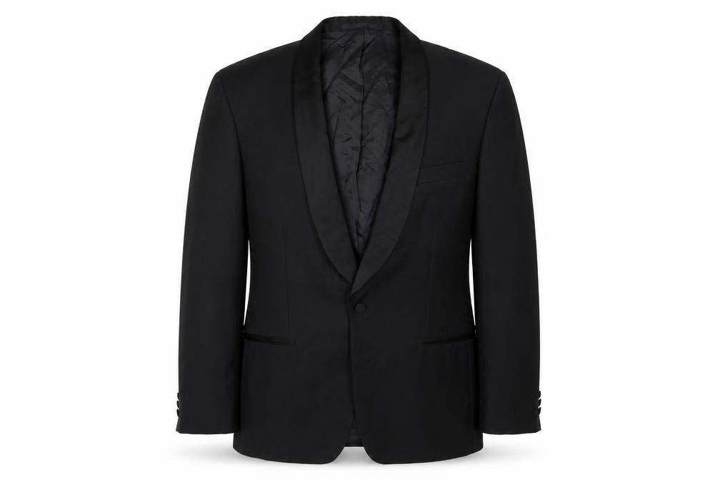 Front view of Scott & Taylor men’s black polyester tuxedo suit jacket, size 42, regular