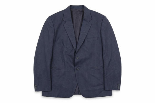 Front view of Alaj's men’s blue striped polyester jacket suit jacket, size 46, regular
