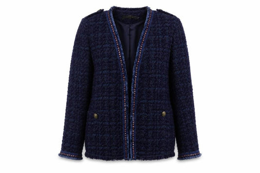 Front view of Next women’s blue jacket blazer, size UK 10, - open
