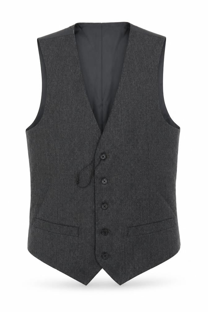 Front view of Marks & Spencer men’s grey polyester jacket suit waistcoat, size 34, regular