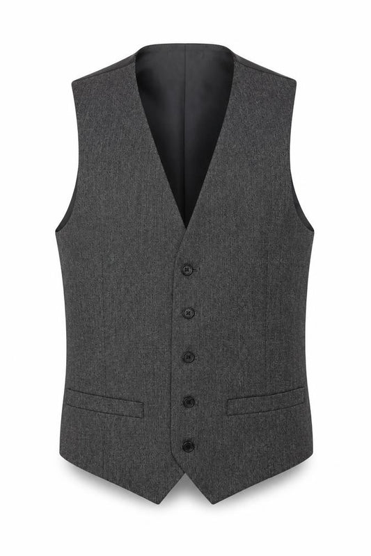 Front view of Marks & Spencer men’s grey polyester jacket suit waistcoat, size 34, regular