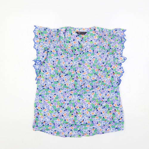 Marks and Spencer Womens Multicoloured Floral Cotton Basic Blouse Size 6 V-Neck - Ruffle