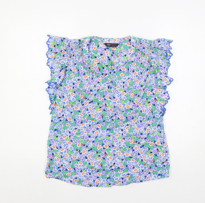 Marks and Spencer Womens Multicoloured Floral Cotton Basic Blouse Size 6 V-Neck - Ruffle