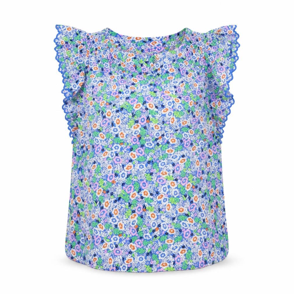 Front view of Marks & Spencer women’s multicoloured floral cotton basic blouse, size UK 6, v-neck - ruffle