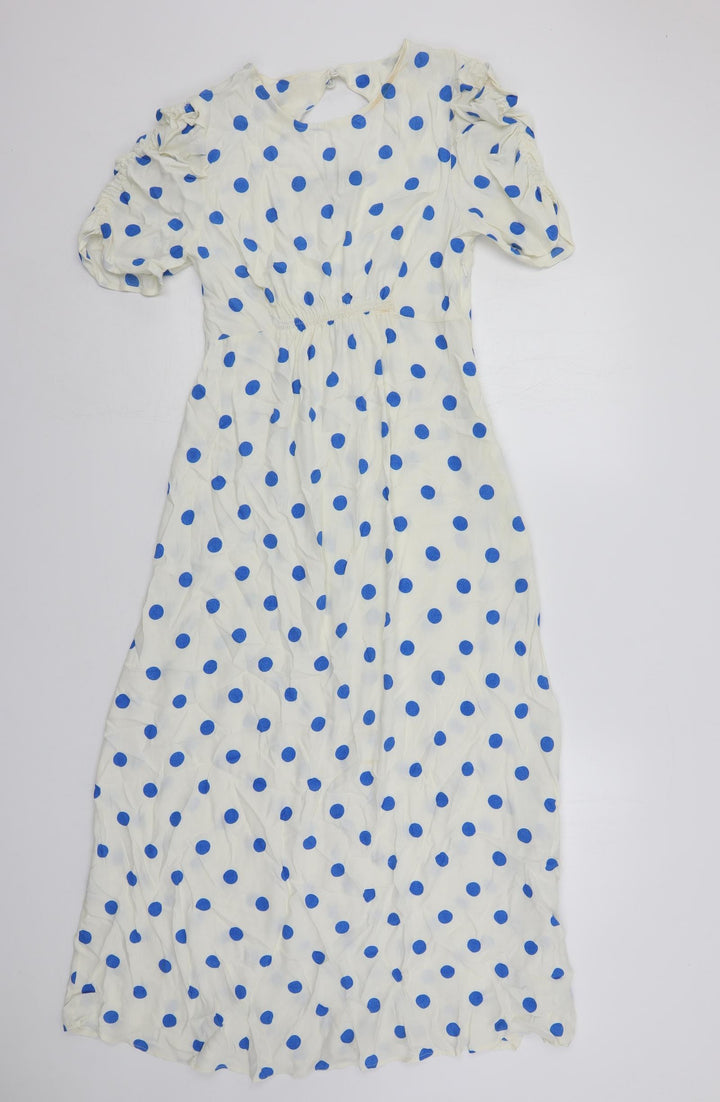 Marks and Spencer Womens White Polka Dot Viscose Maxi Size 8 Round Neck Zip