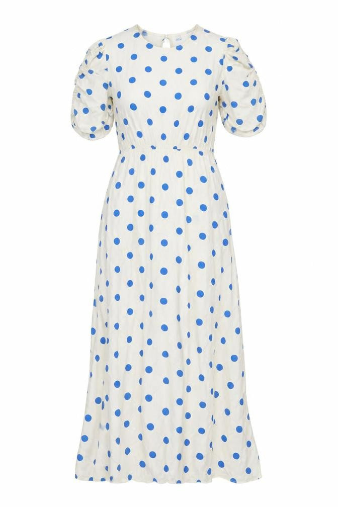 Front view of Marks & Spencer women’s white polka dot viscose maxi, size UK 8, round neck zip