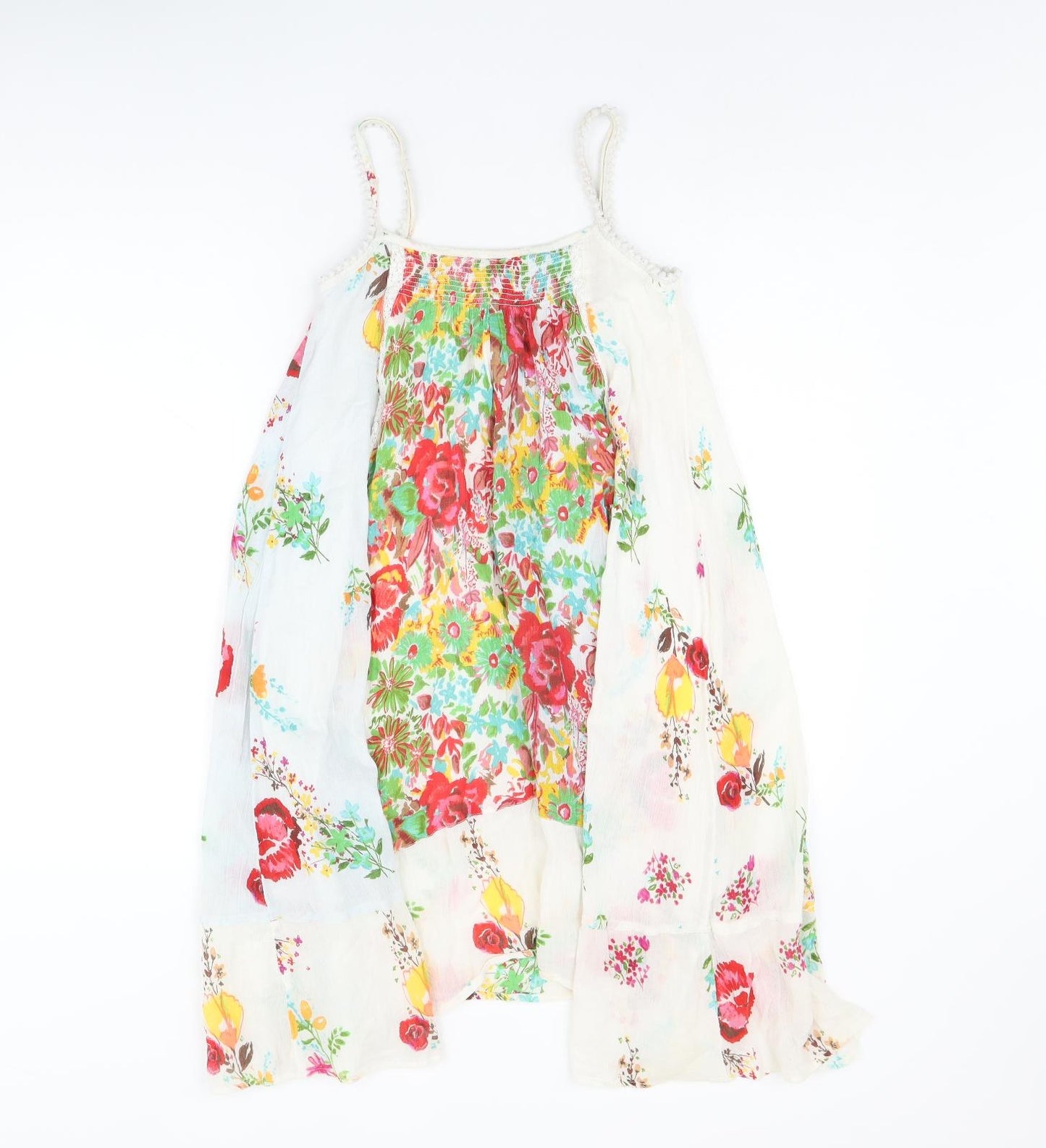 NEXT Girls White Floral Cotton Tank Dress Size 7 Years Scoop Neck Pullover
