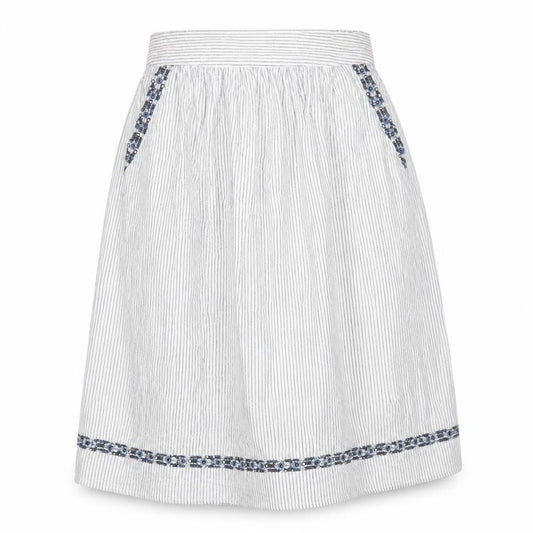Front view of Marks & Spencer women’s white striped viscose swing skirt, size UK 8