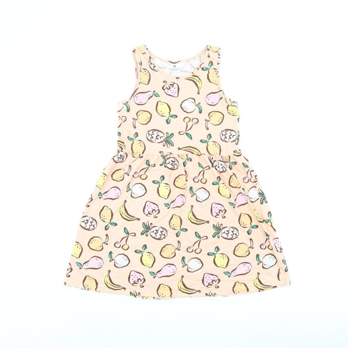 H&M Girls Orange Geometric Cotton Skater Dress Size 8-9 Years Round Neck Pullover - Fruit Print, Size 8-10 Years
