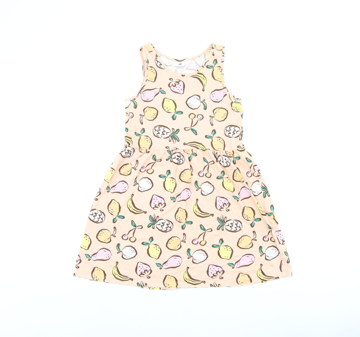 H&M Girls Orange Geometric Cotton Skater Dress Size 8-9 Years Round Neck Pullover - Fruit Print, Size 8-10 Years