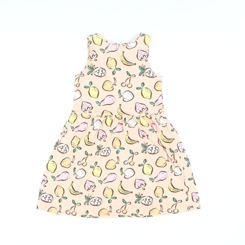 H&M Girls Orange Geometric Cotton Skater Dress Size 8-9 Years Round Neck Pullover - Fruit Print, Size 8-10 Years