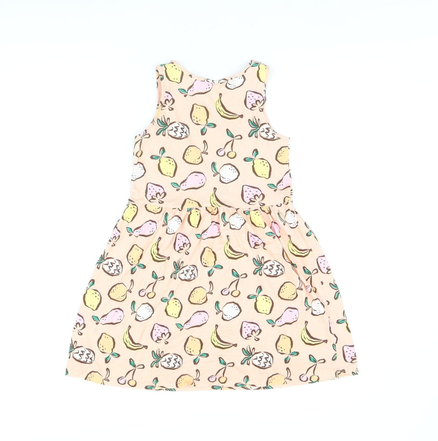 H&M Girls Orange Geometric Cotton Skater Dress Size 8-9 Years Round Neck Pullover - Fruit Print, Size 8-10 Years