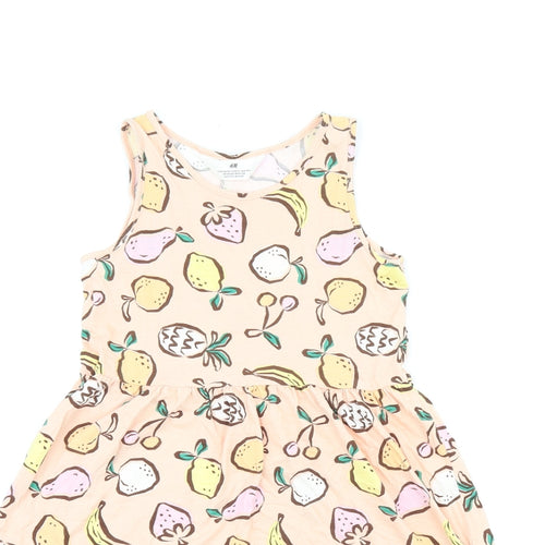 H&M Girls Orange Geometric Cotton Skater Dress Size 8-9 Years Round Neck Pullover - Fruit Print, Size 8-10 Years