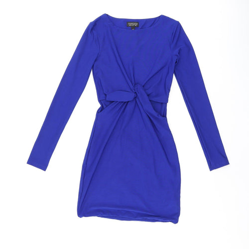 Topshop Womens Blue Viscose Bodycon Size 6 Boat Neck Pullover - Cut Out Sides, Twist Detail