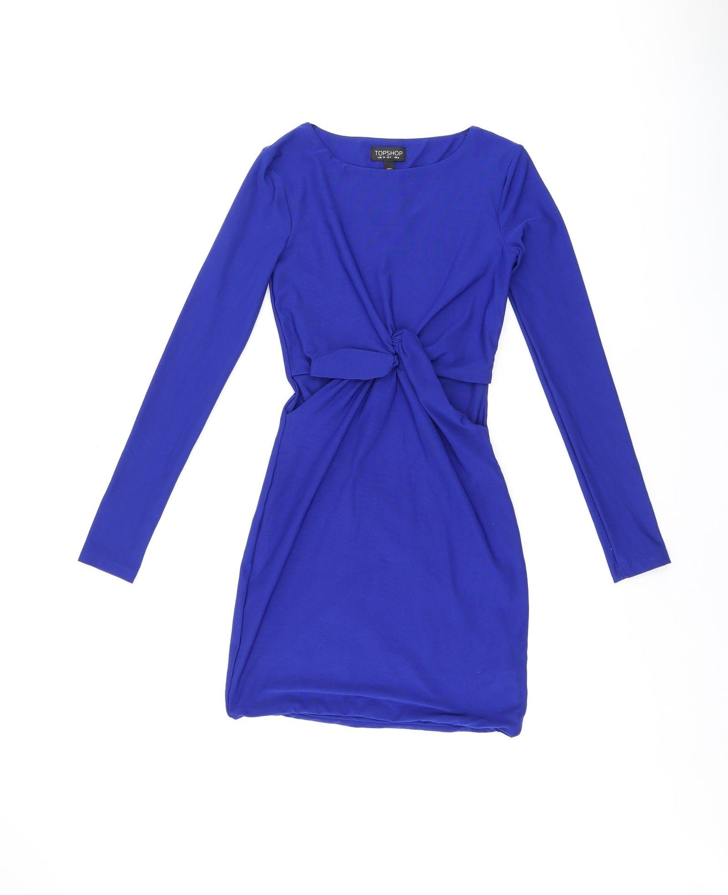 Topshop Womens Blue Viscose Bodycon Size 6 Boat Neck Pullover - Cut Out Sides, Twist Detail