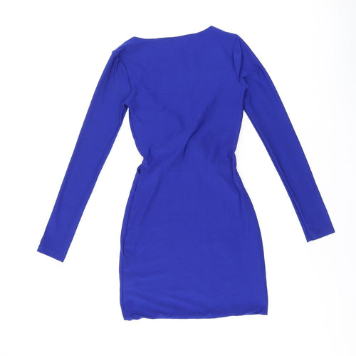Topshop Womens Blue Viscose Bodycon Size 6 Boat Neck Pullover - Cut Out Sides, Twist Detail