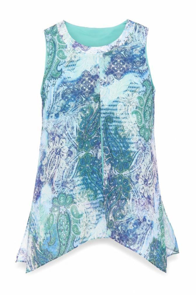 Front view of Millers women’s blue paisley polyester basic blouse, size UK 14, round neck