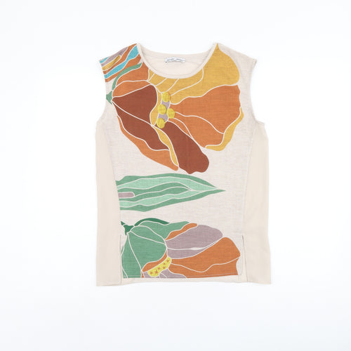 Zara Womens Beige Floral Polyester Basic Tank Size S Round Neck