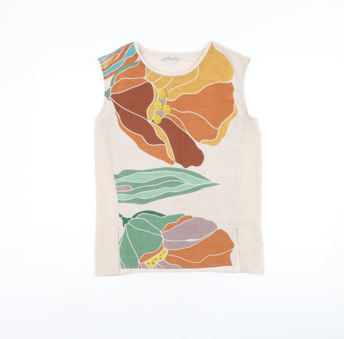 Zara Womens Beige Floral Polyester Basic Tank Size S Round Neck