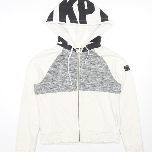 PINK Womens White Colourblock Cotton Full Zip Hoodie Size S Zip - Logo