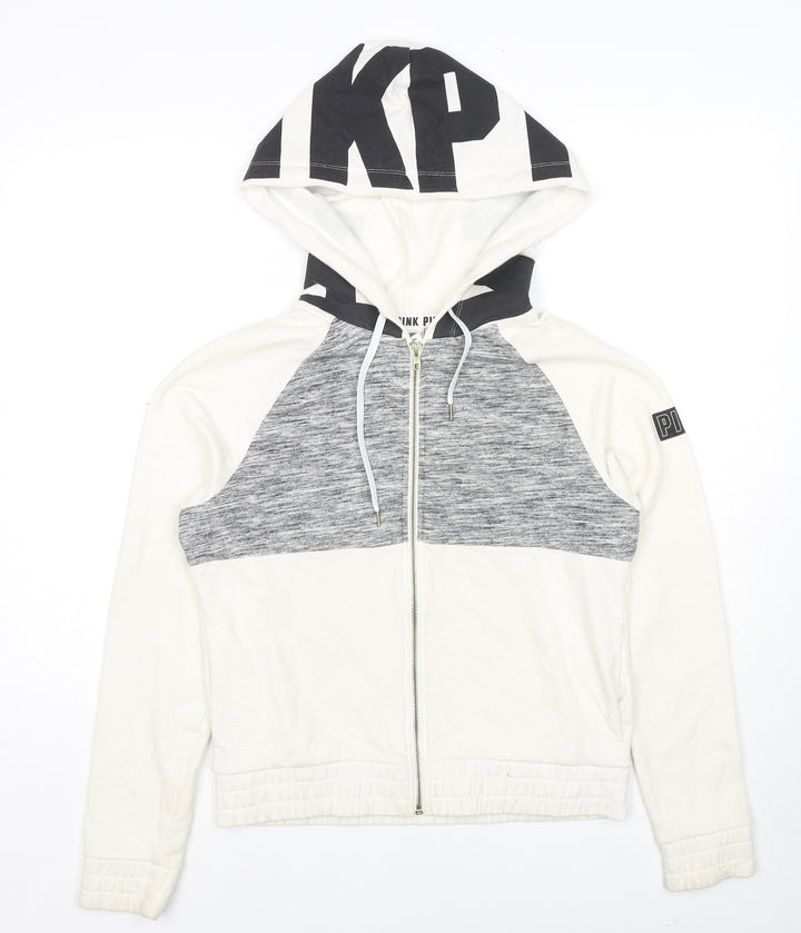 PINK Womens White Colourblock Cotton Full Zip Hoodie Size S Zip - Logo