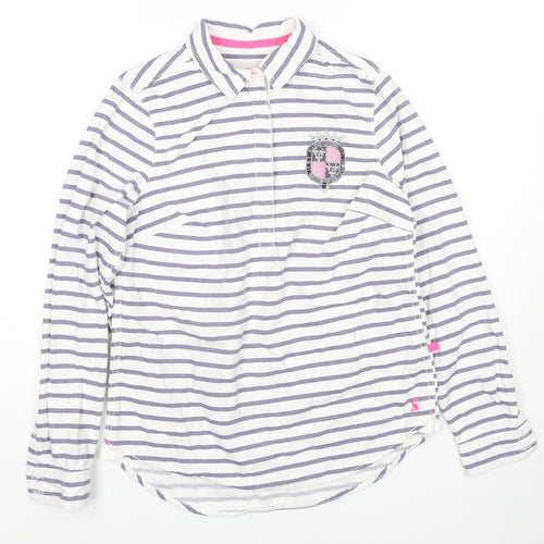 Badminton Womens White Striped Cotton Pullover Sweatshirt Size 6 Button - Beaded Logo Detail