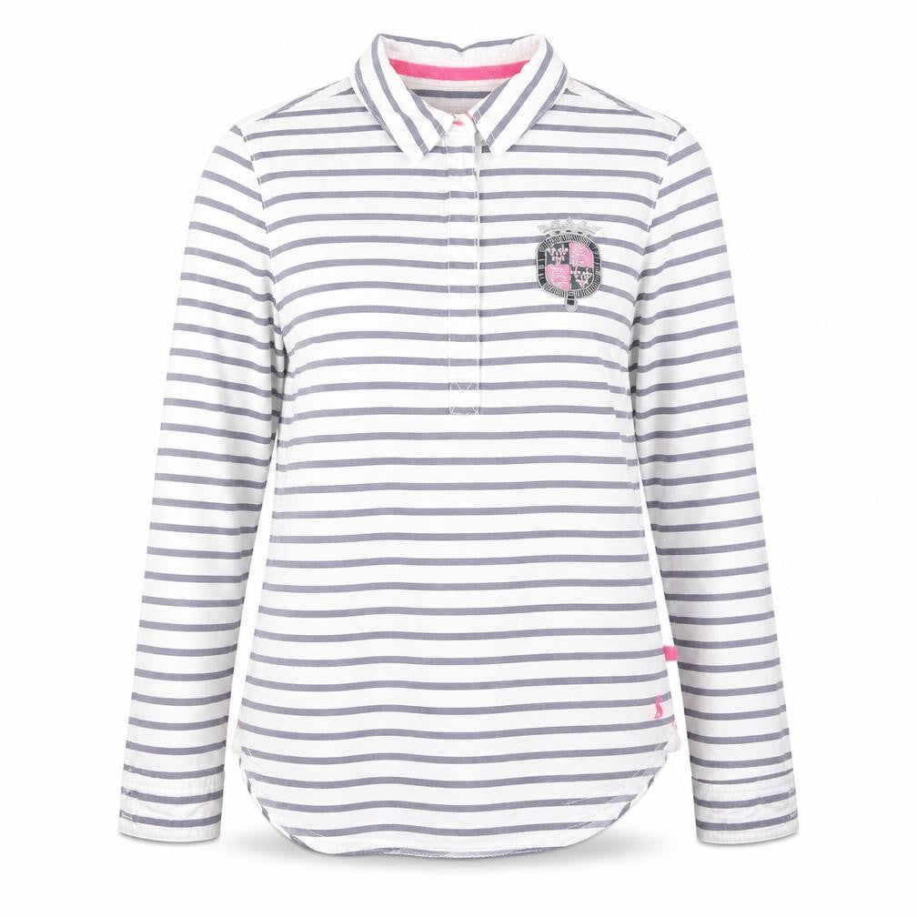 Front view of Badminton women’s white striped cotton pullover sweatshirt, size UK 6, button - beaded logo detail