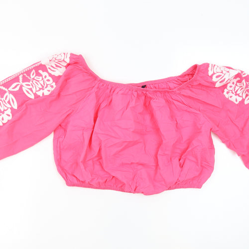 Marks and Spencer Womens Pink 100% Cotton Cropped Blouse Size 18 Off the Shoulder - Embroidered Flowers
