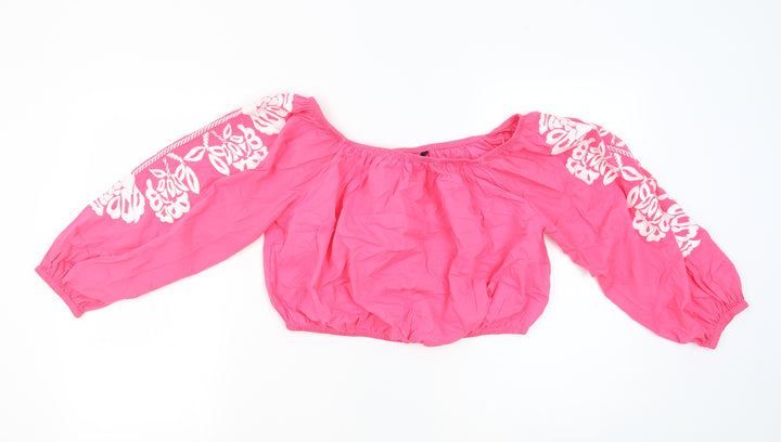 Marks and Spencer Womens Pink 100% Cotton Cropped Blouse Size 18 Off the Shoulder - Embroidered Flowers
