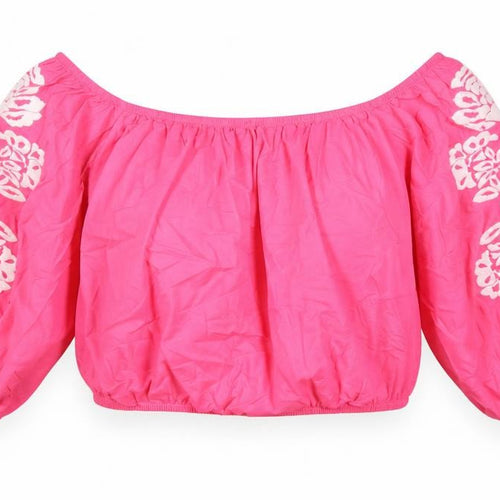 Marks and Spencer Womens Pink 100% Cotton Cropped Blouse Size 18 Off the Shoulder - Embroidered Flowers