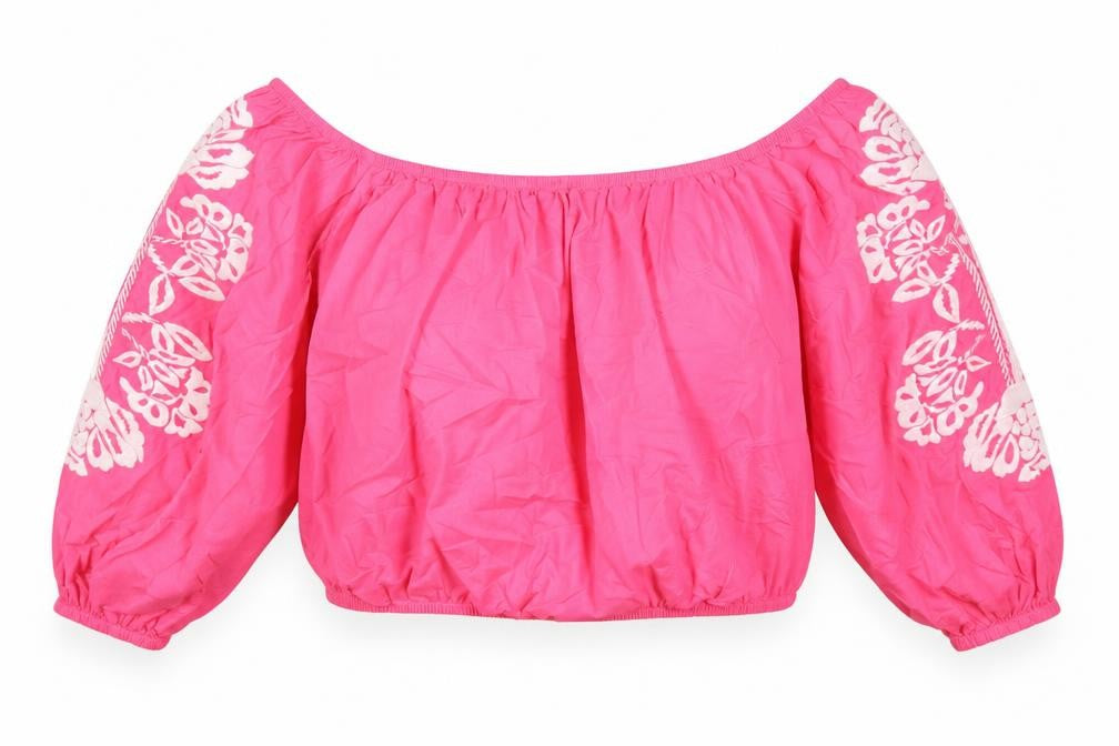 Marks and Spencer Womens Pink 100% Cotton Cropped Blouse Size 18 Off the Shoulder - Embroidered Flowers