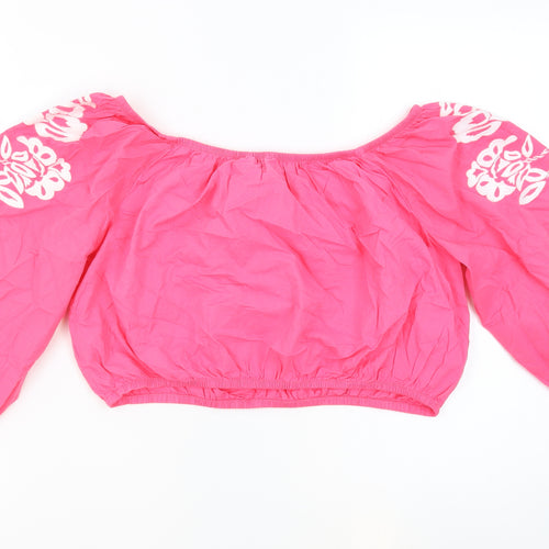 Marks and Spencer Womens Pink 100% Cotton Cropped Blouse Size 18 Off the Shoulder - Embroidered Flowers