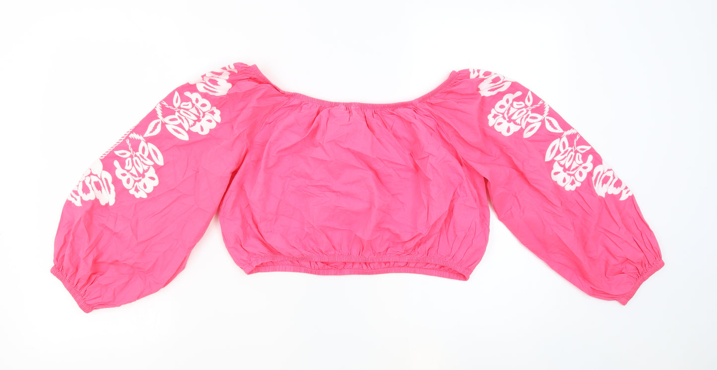 Marks and Spencer Womens Pink 100% Cotton Cropped Blouse Size 18 Off the Shoulder - Embroidered Flowers