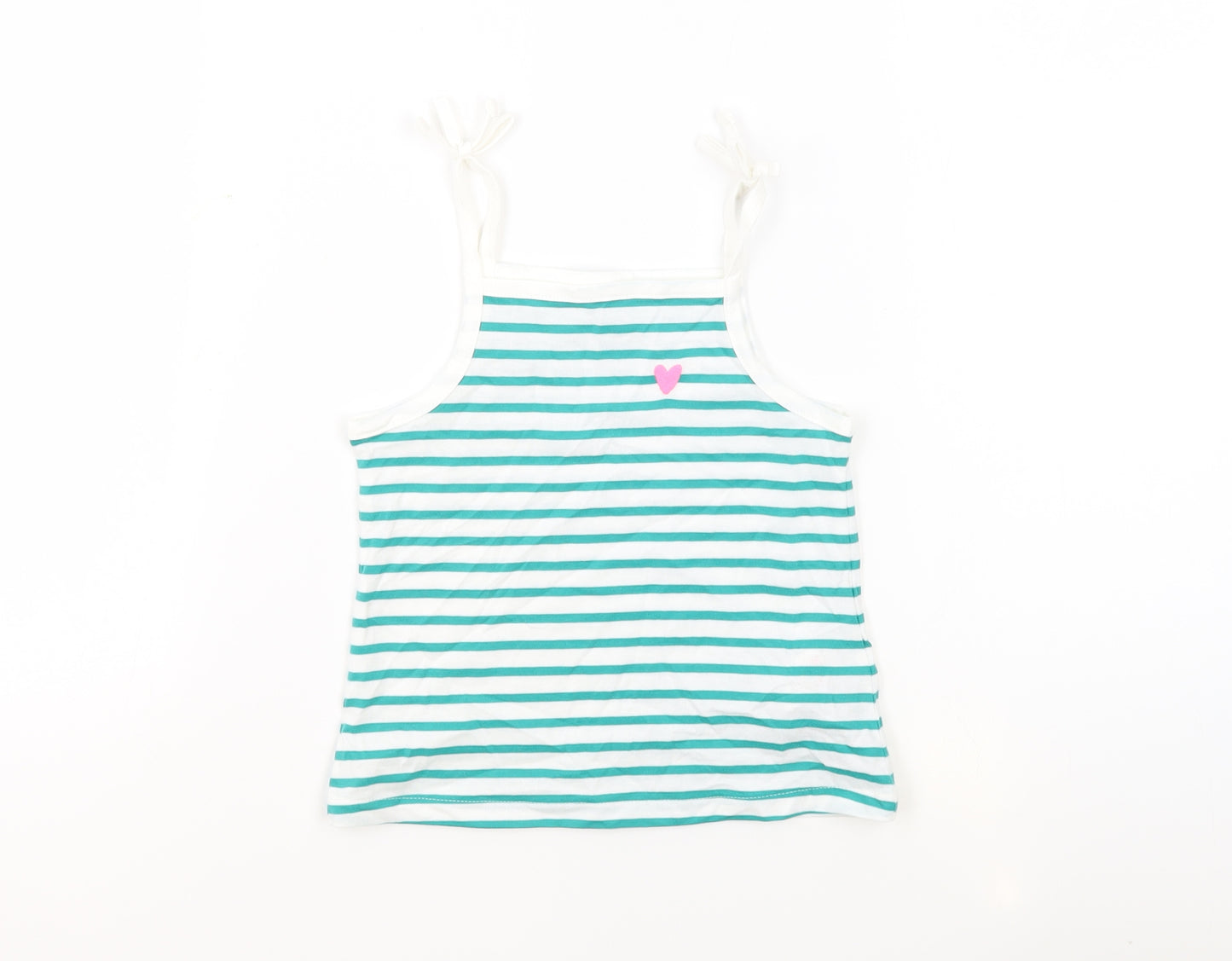 Marks and Spencer Girls White Striped 100% Cotton Basic Tank Size 3-4 Years Square Neck Pullover - Embroidered Heart