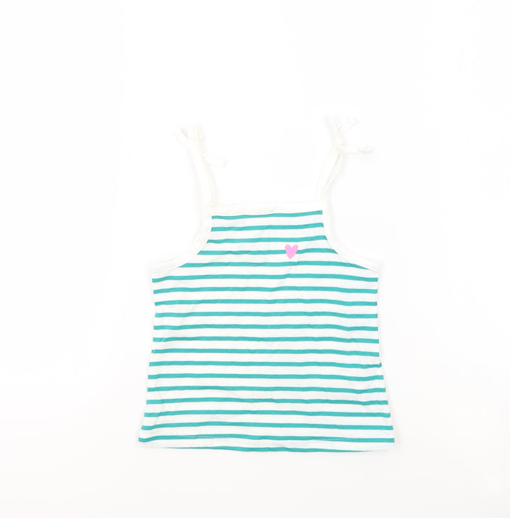 Marks and Spencer Girls White Striped 100% Cotton Basic Tank Size 2-3 Years Square Neck Pullover - Embroidered Heart