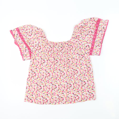 Marks and Spencer Womens Pink Floral 100% Cotton Basic Blouse Size 6 Square Neck - Crochet Detail