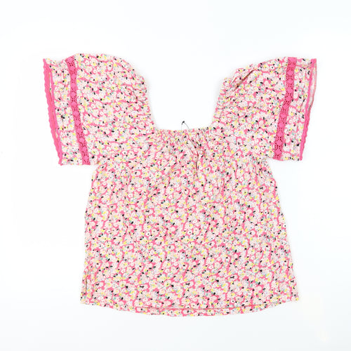 Marks and Spencer Womens Pink Floral 100% Cotton Basic Blouse Size 6 Square Neck - Crochet Detail