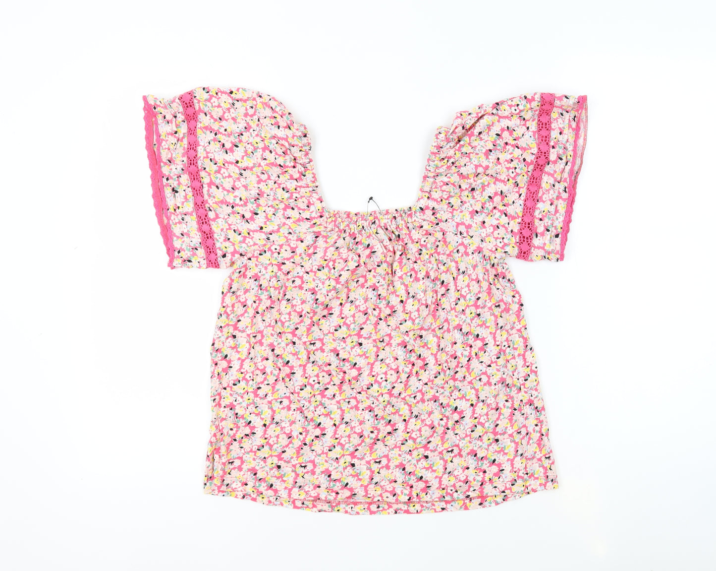 Marks and Spencer Womens Pink Floral 100% Cotton Basic Blouse Size 6 Square Neck - Crochet Detail