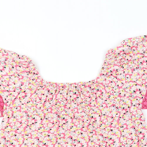 Marks and Spencer Womens Pink Floral 100% Cotton Basic Blouse Size 6 Square Neck - Crochet Detail