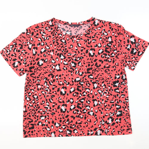 Marks and Spencer Womens Pink Animal Print Polyester Basic T-Shirt Size 14 Round Neck - Leopard Print