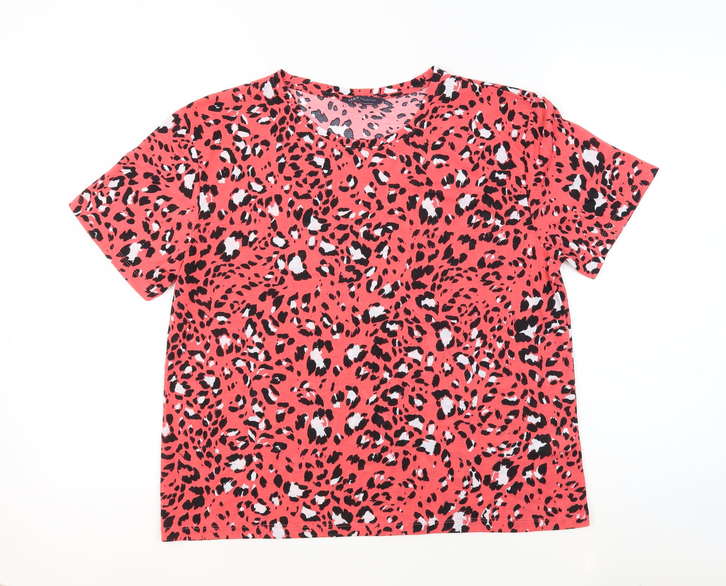 Marks and Spencer Womens Pink Animal Print Polyester Basic T-Shirt Size 14 Round Neck - Leopard Print