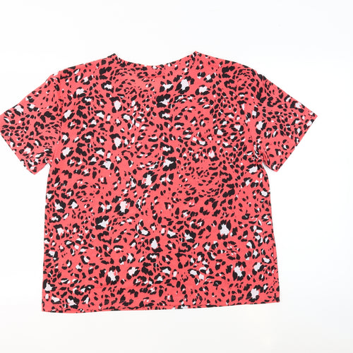 Marks and Spencer Womens Pink Animal Print Polyester Basic T-Shirt Size 14 Round Neck - Leopard Print