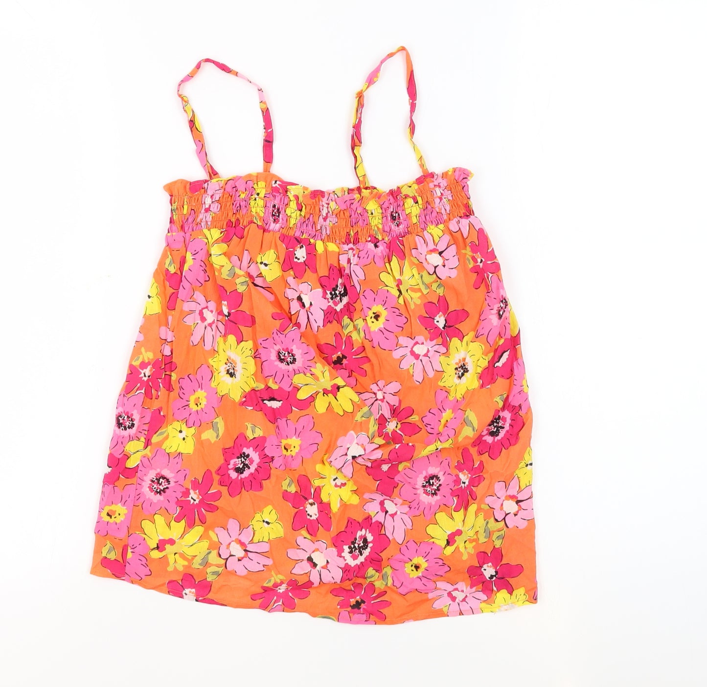 Marks and Spencer Womens Orange Floral 100% Cotton Basic Tank Size 6 Square Neck - Sheer